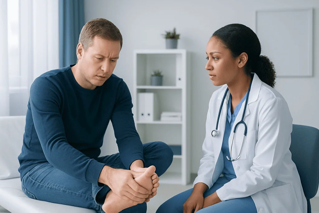 Doctor examining patient's foot for possible broken toe injury.