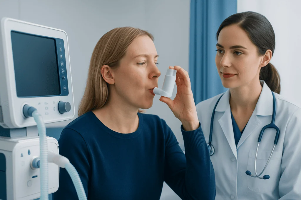 Patient using inhaler with healthcare professional in hospital setting.