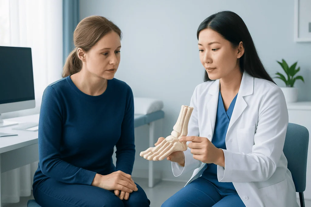 Doctor explaining bun surgery details to patient with foot model in clinic.