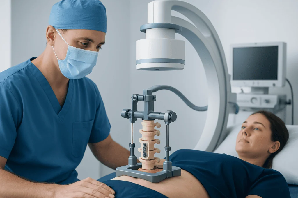 Medical professional performing cage fusion procedure on patient in hospital.