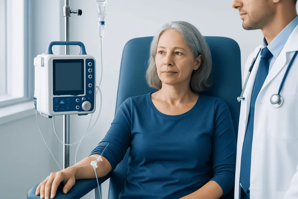 Elderly woman receiving IV therapy in a hospital setting.