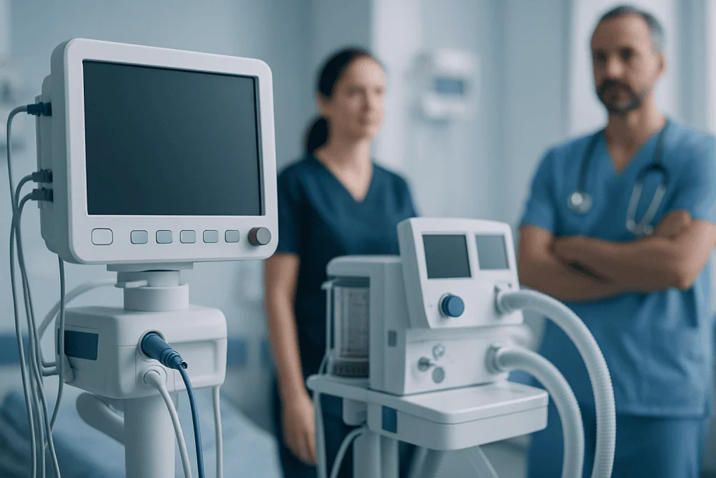 Medical equipment in a hospital room with healthcare professionals in the background.