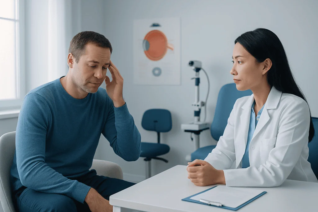 Patient consulting doctor about eye tic treatment in clinic setting.