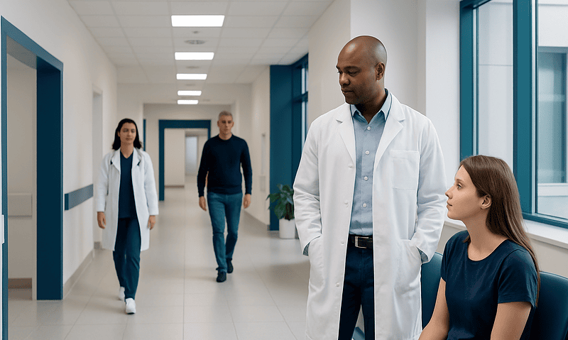 How to Suppress Hunger Without Eating? A Doctor-Reviewed Answer 4 Doctor consulting a patient in a hospital corridor.