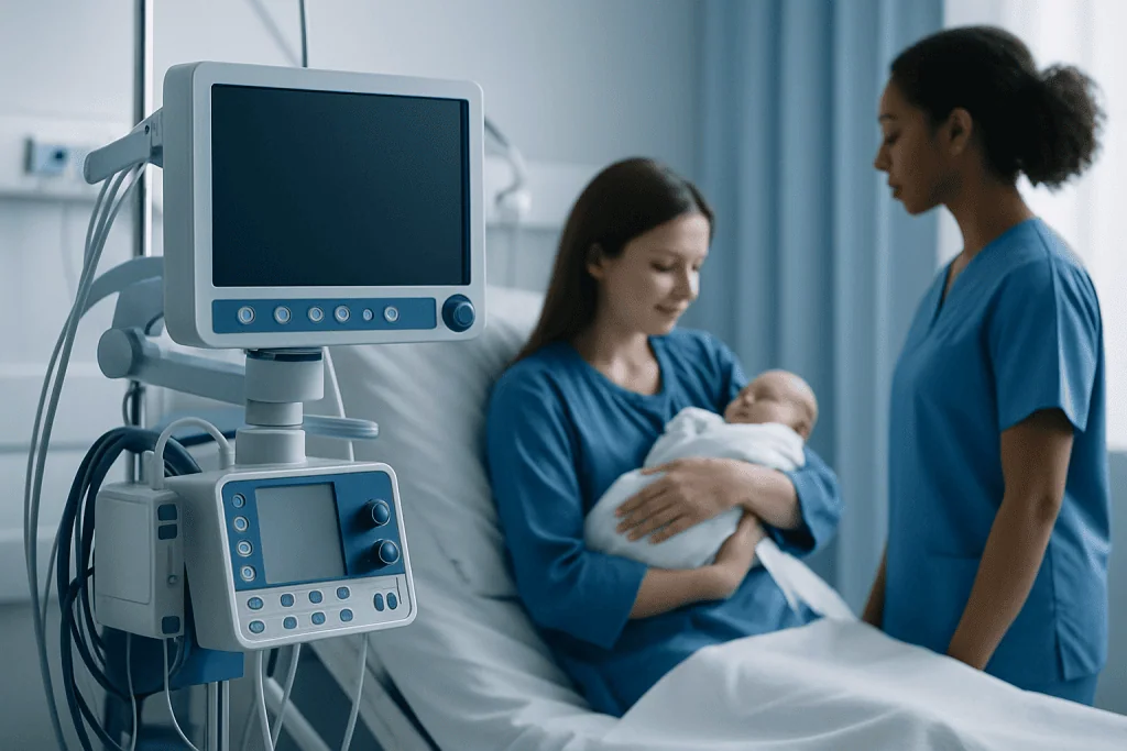 Mother and nurse with newborn in hospital room with medical monitors.