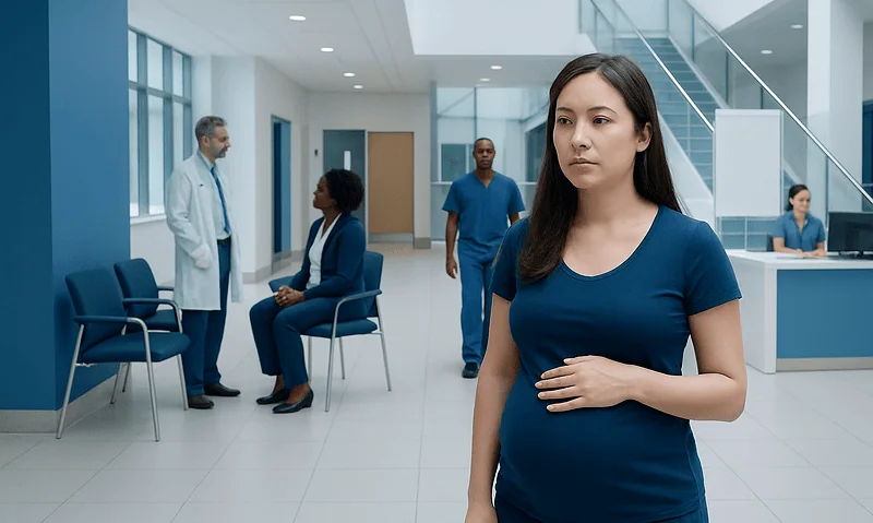 Pregnant woman in hospital waiting area with medical staff in background.