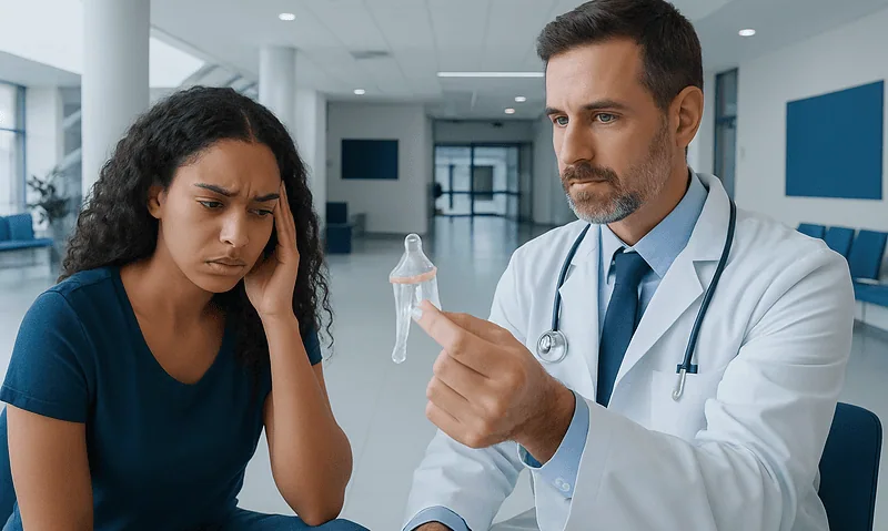 Doctor explaining condom to worried woman in hospital setting.