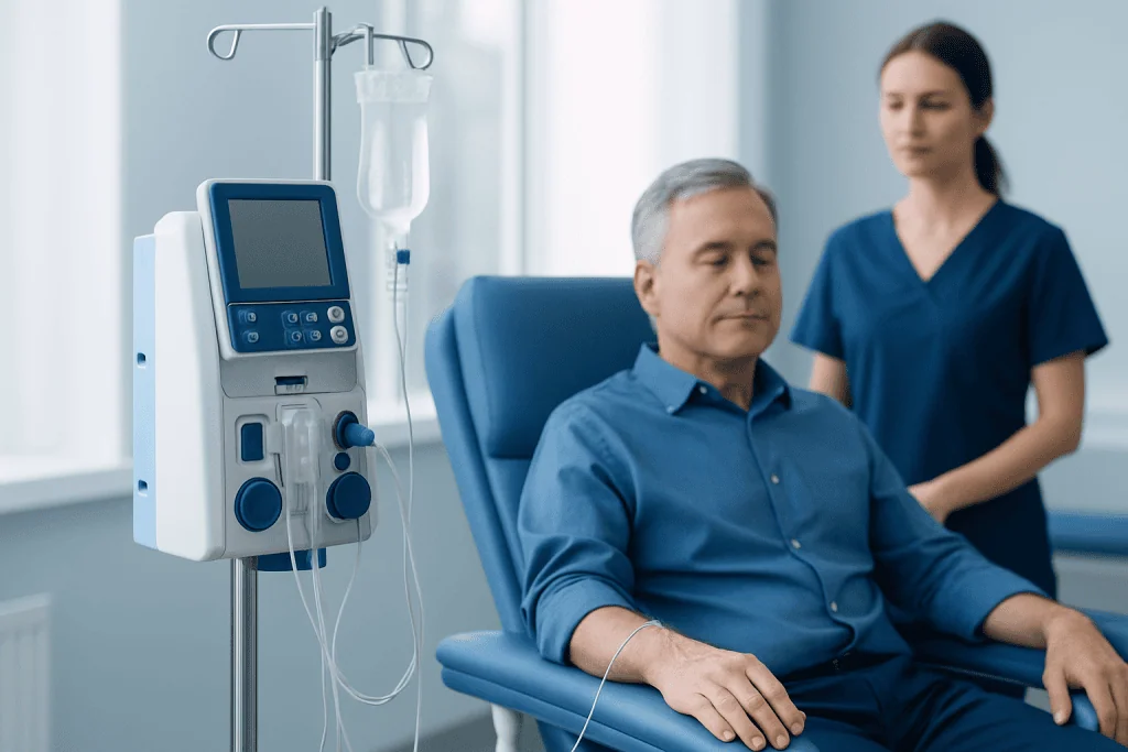 Patient receiving immunotherapy treatment in a hospital setting.