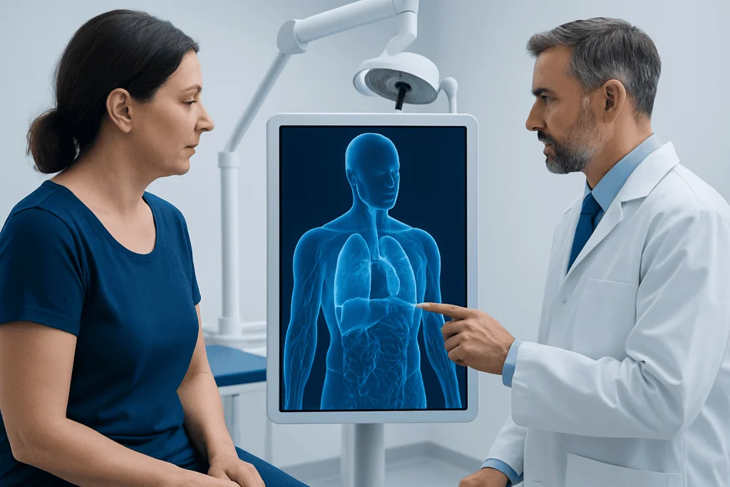 Doctor explaining lymph node health to patient in medical consultation.