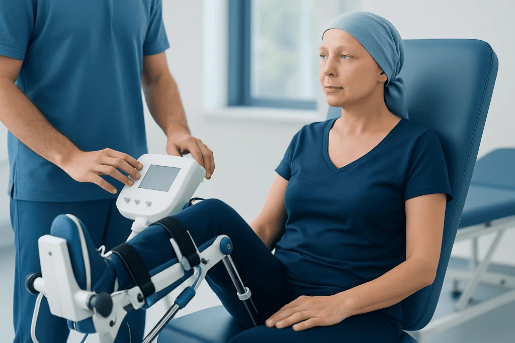 Cancer patient undergoing rehabilitation therapy in a hospital setting.