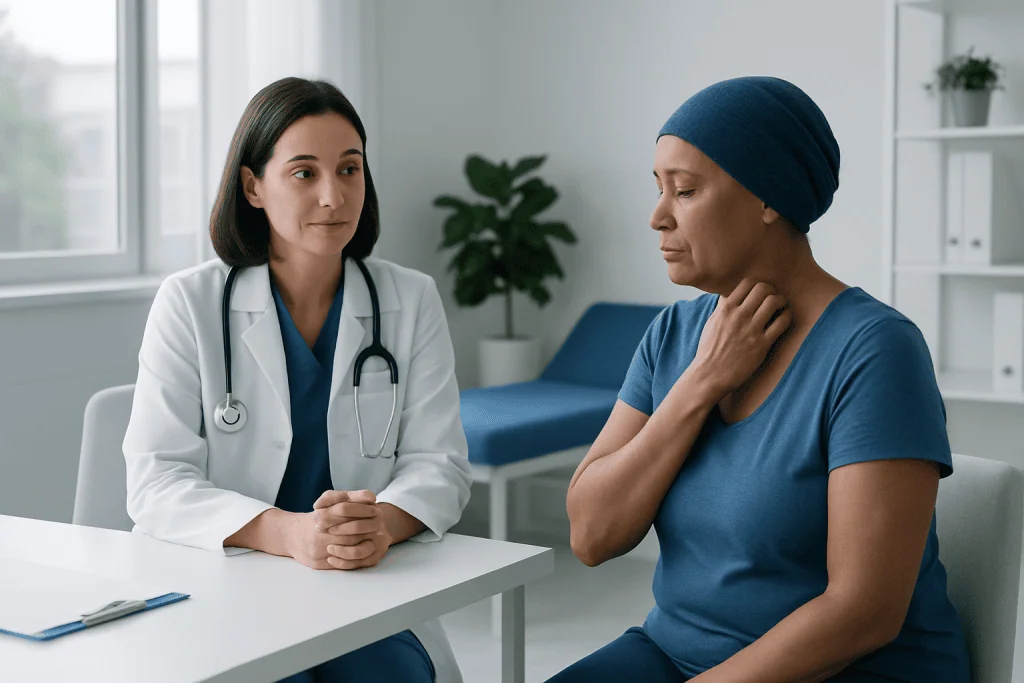 Doctor consulting a patient with itchy skin in a medical office.