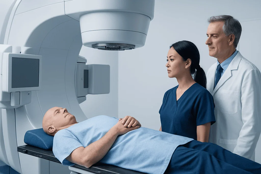 Patient undergoing MRI scan at Acibadem Hospital with medical staff present.