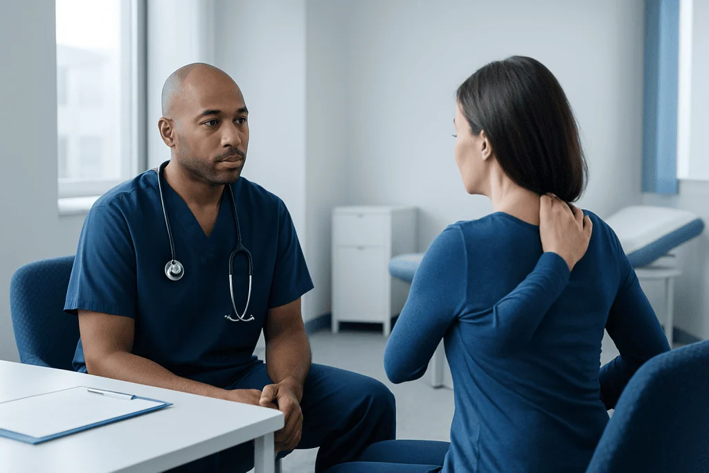 Doctor consulting with a patient about upper back pain in a medical office.