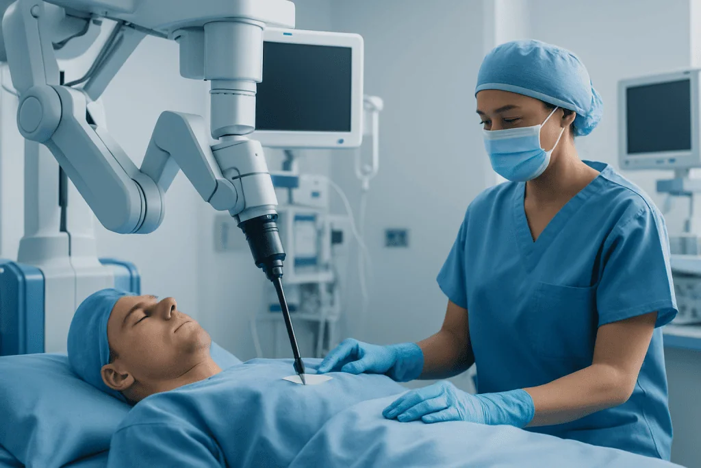 Surgeon performing minimally invasive cancer surgery in an operating room.