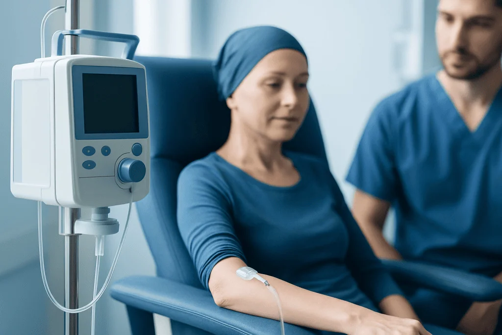 Patient receiving chemotherapy treatment in a hospital setting.