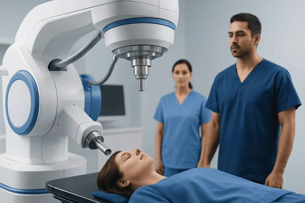 Medical professionals operate advanced radiotherapy equipment in a hospital setting.