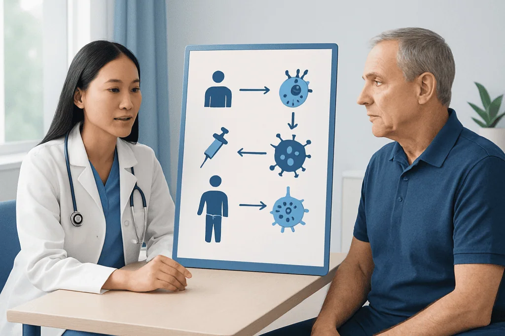 Doctor explains CAR T cell therapy process to patient with diagram.