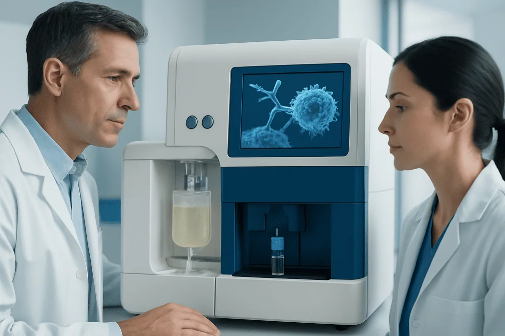 Scientists analyzing CAR T cell therapy process in a laboratory setting.