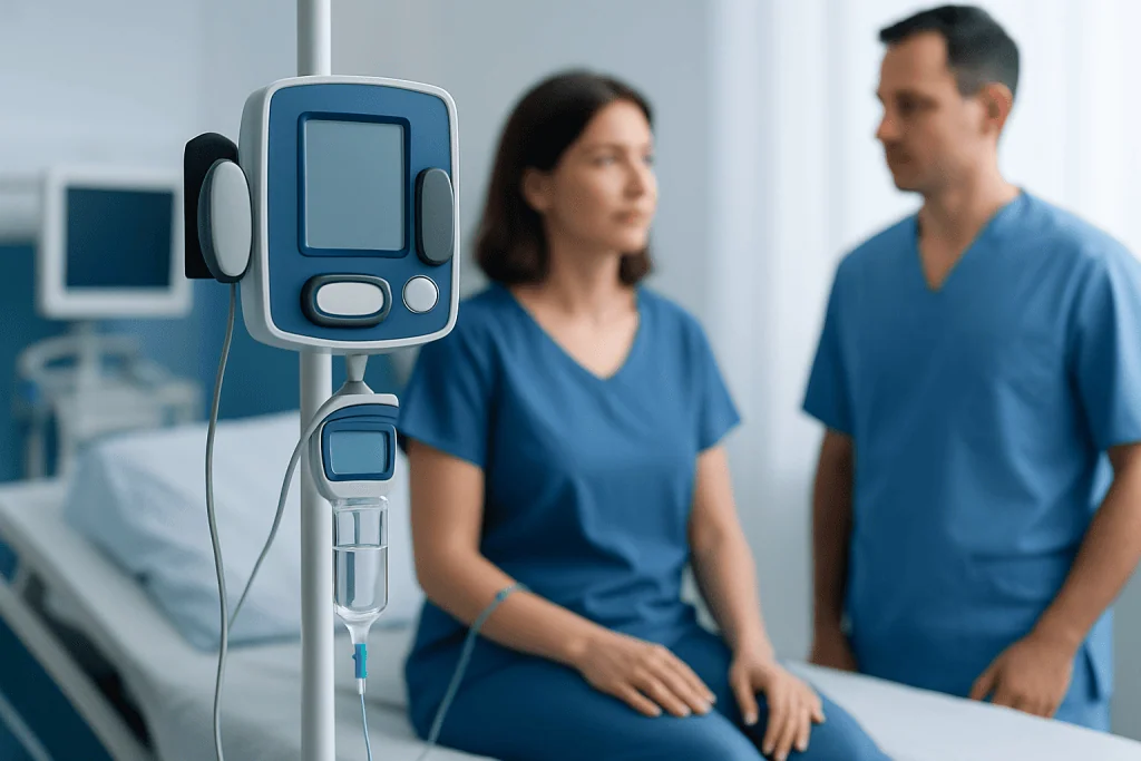 Medical monitor in hospital room with two healthcare professionals.