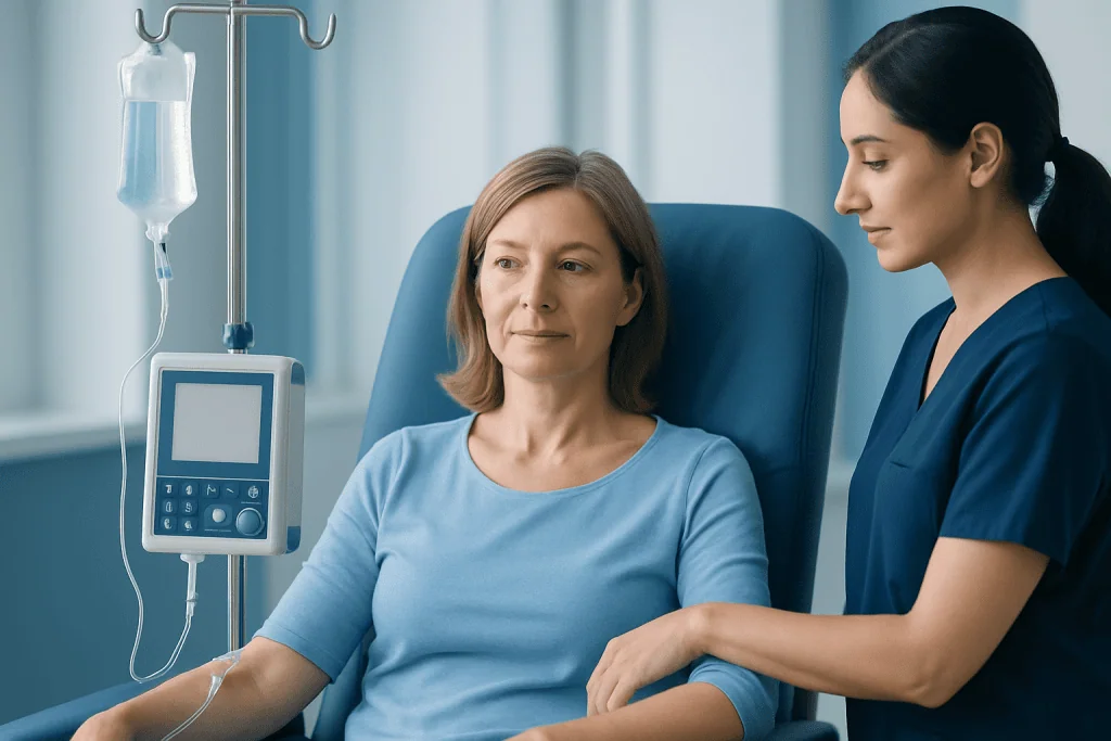 Patient receiving chemotherapy treatment in hospital.