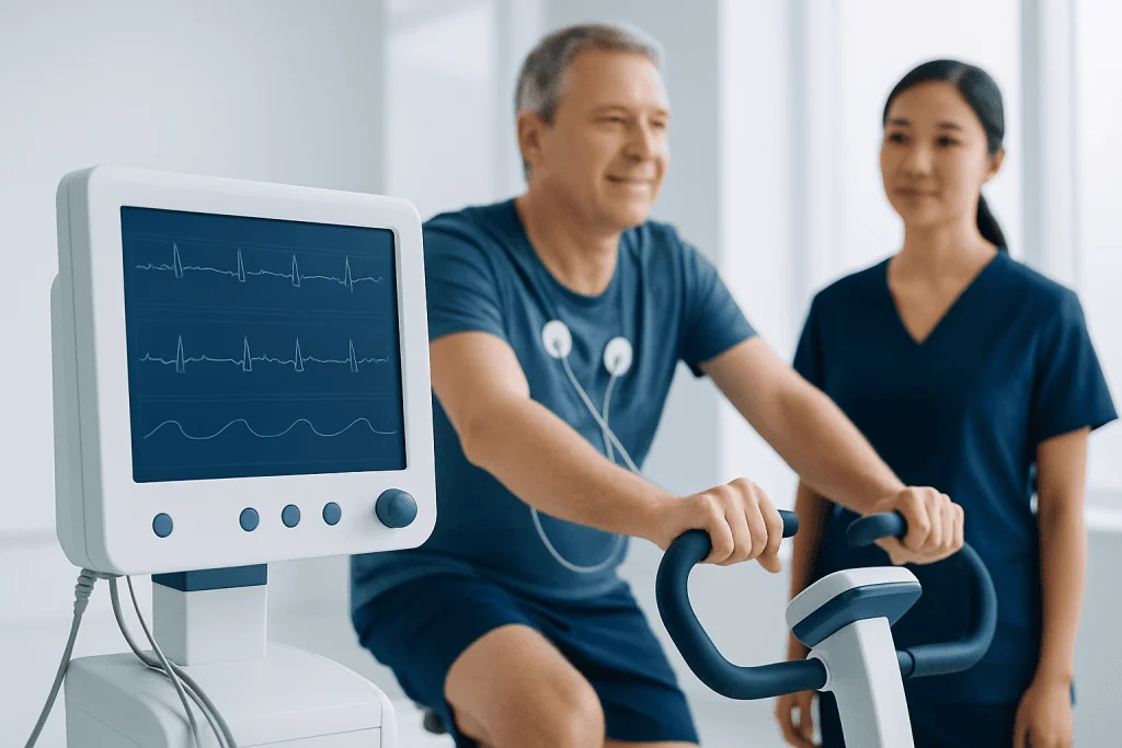 Patient undergoing cardiac rehab exercise with medical staff monitoring.