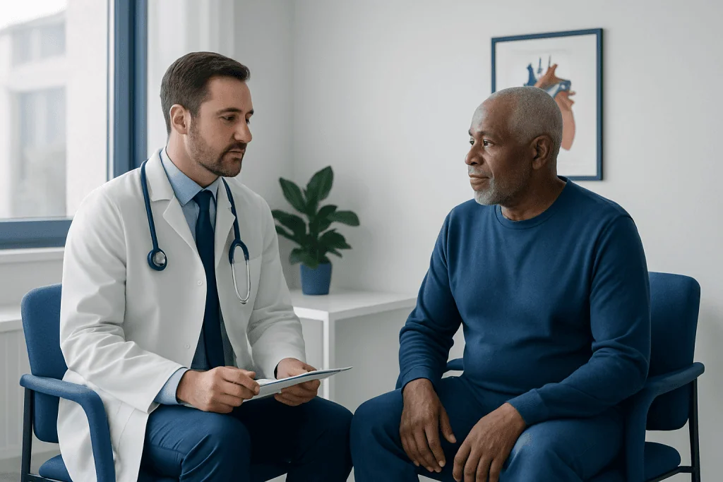 Doctor consulting with a patient in a medical office setting.