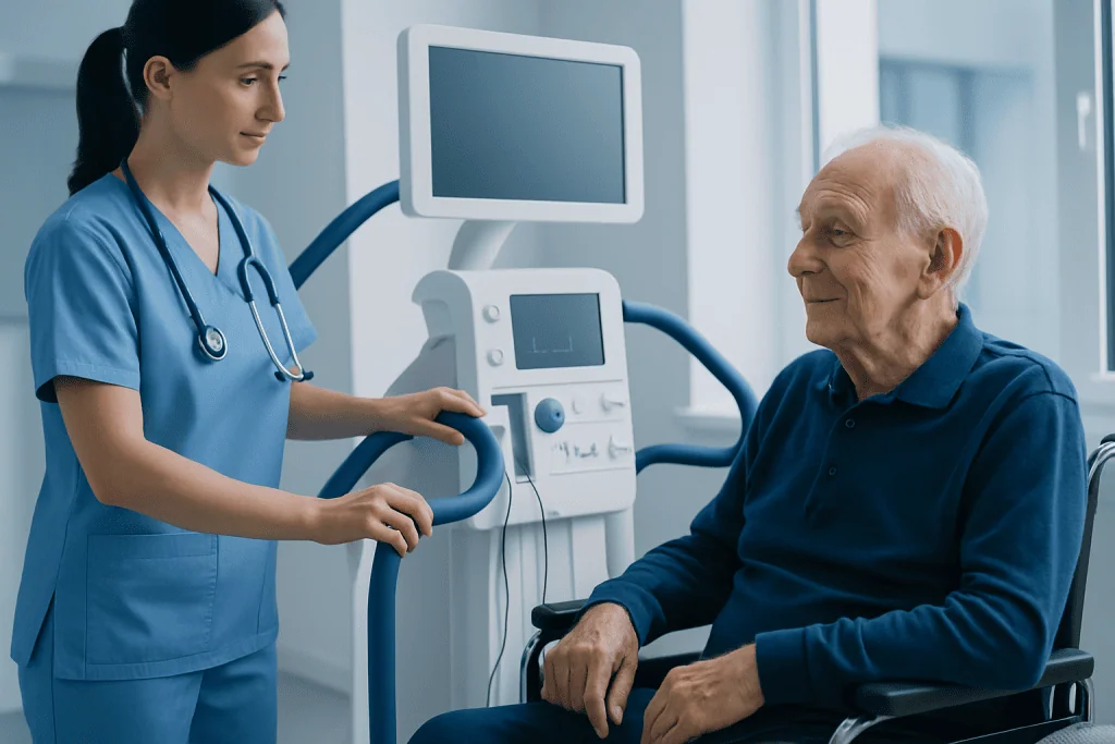 Nurse assisting elderly man in wheelchair with medical equipment at hospital.