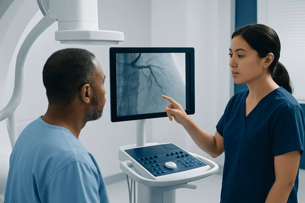 Doctor explaining coronary angiogram to patient in hospital setting.