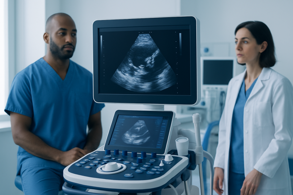 Medical professionals reviewing an ultrasound scan in a hospital setting.