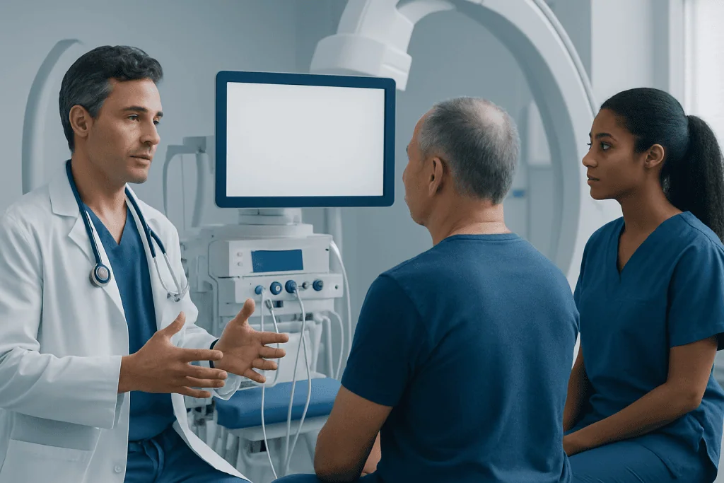 Doctor consulting with patient in a hospital setting with medical equipment.