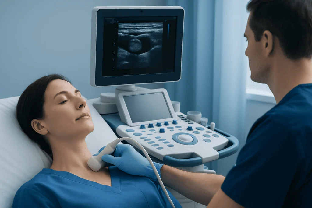 Ultrasound examination of a patient's neck for carotid body tumor assessment.
