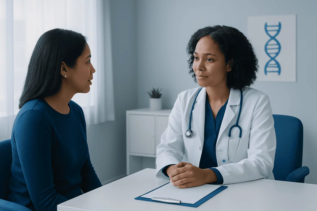 Doctor discussing gene therapy options with a patient in a clinical setting.