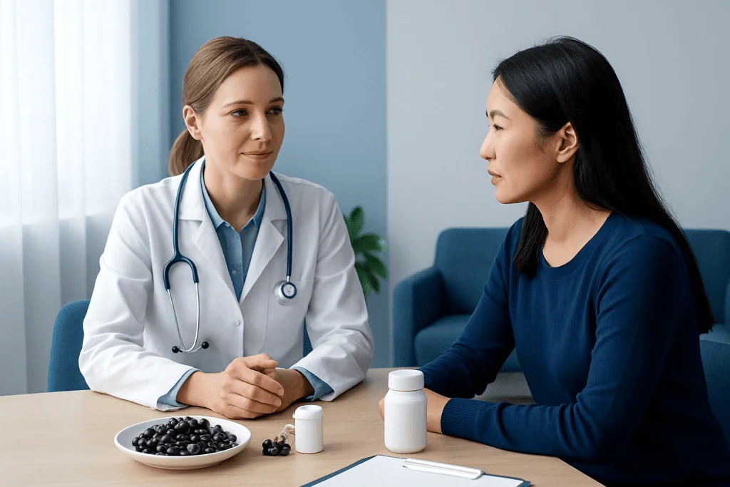Doctor consulting patient about blueberries and supplements in a clinic setting.