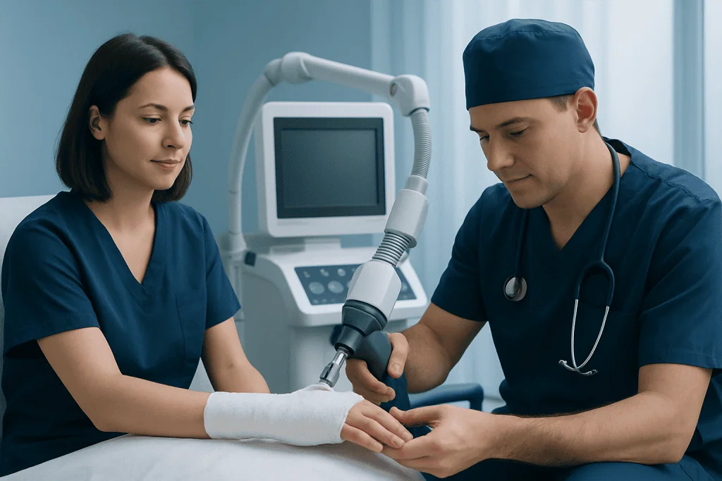 Medical professionals performing a cast removal procedure in a hospital setting.
