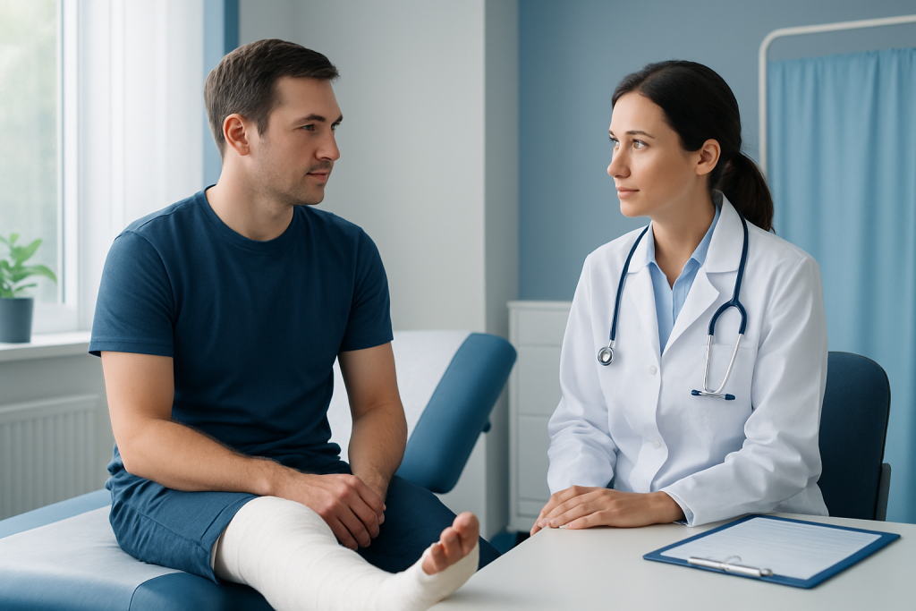 Doctor consulting with patient with leg injury in hospital room.