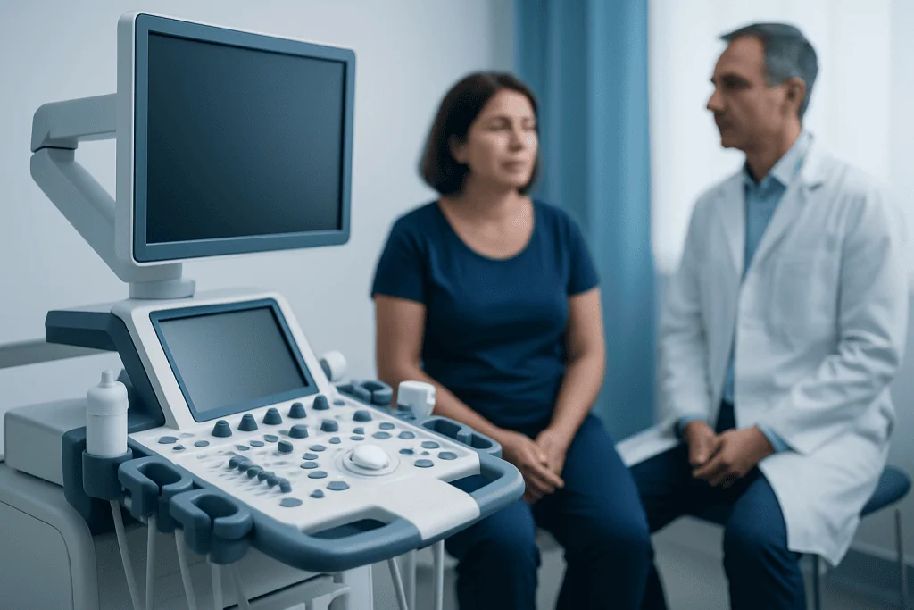 Doctor explaining ultrasound results to a patient in a medical clinic.