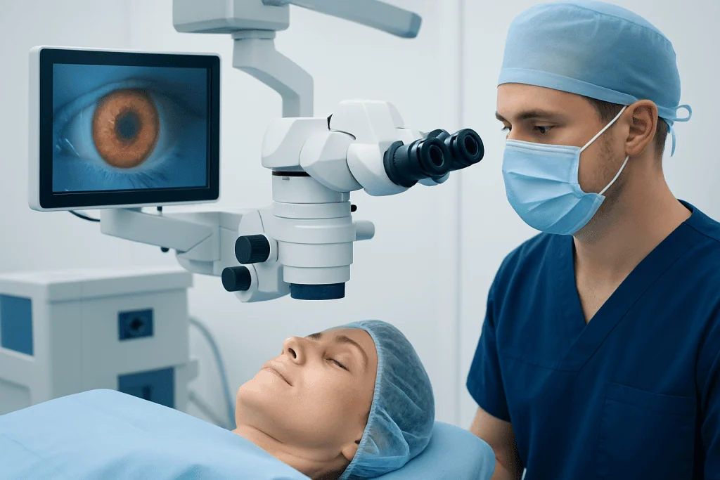 Surgeon performing cataract surgery with advanced microscope equipment.
