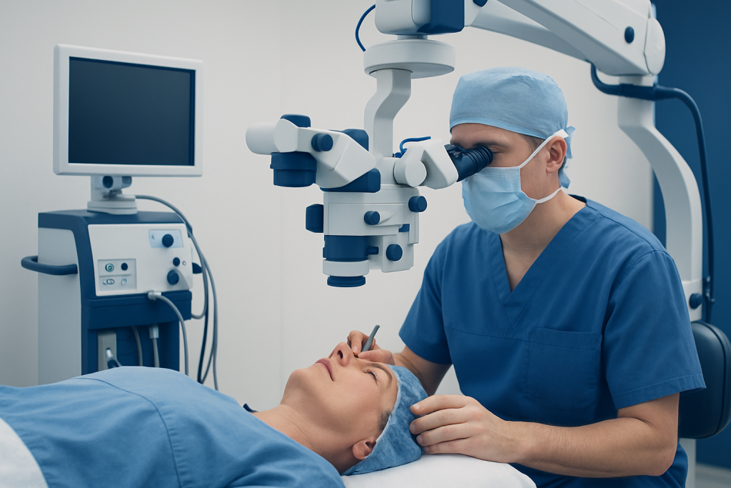Surgeon performing cataract surgery with advanced microscope equipment.