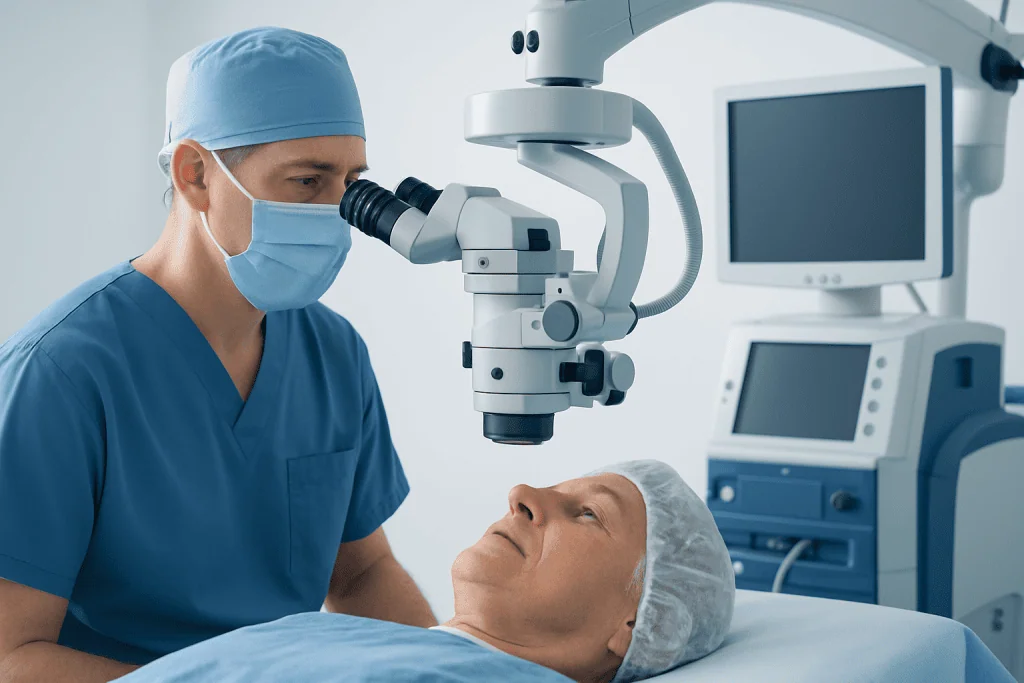 Surgeon performing eye surgery with advanced microscope at Acibadem Hospital.