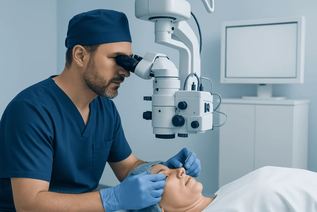 Ophthalmologist performing eye exam with microscope in clinic.