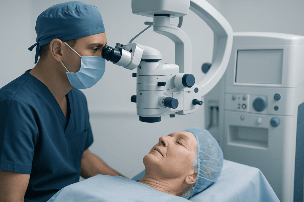 Surgeon performing eye surgery with advanced microscope equipment.