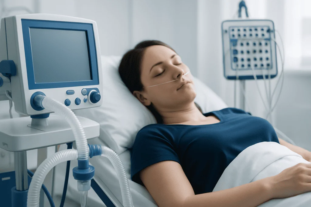 Patient in hospital bed connected to medical monitoring equipment.