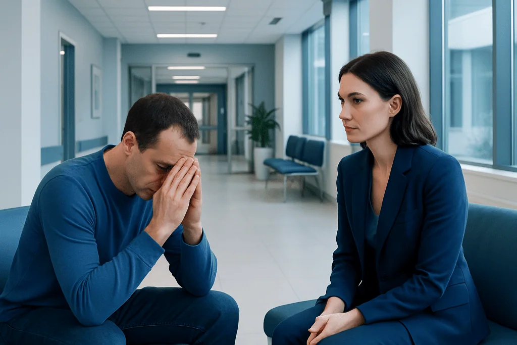 Understanding Cognitive Behavioral Therapy for Sexual Performance Anxiety: A Complete Patient Guide 1 Man distressed during therapy session with female therapist in hospital corridor.