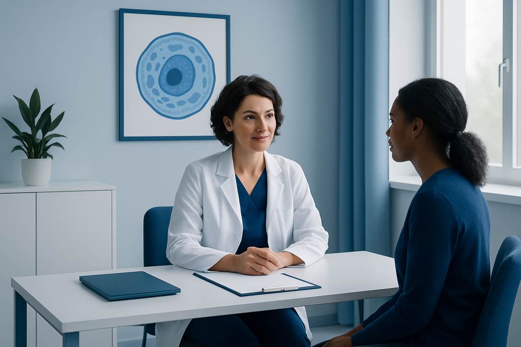 Doctor consulting with a patient in a modern medical office.