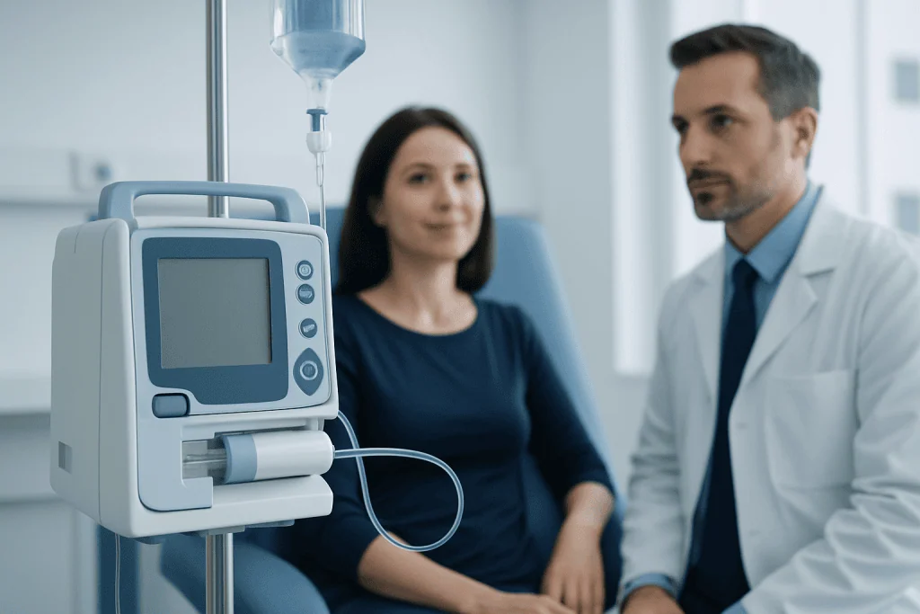 Medical professional consulting a patient in a hospital room with monitoring equipment.