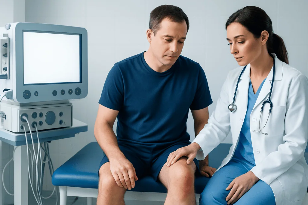 Doctor examining patient's knee in a medical clinic setting.