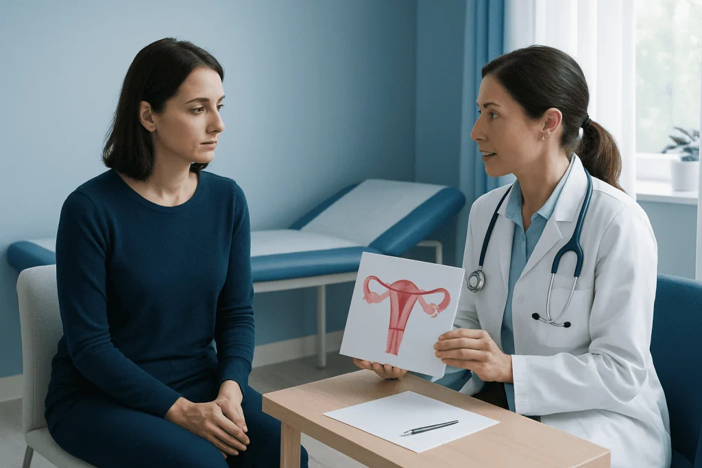 Gynecologist explaining cervical health to patient with uterine diagram.