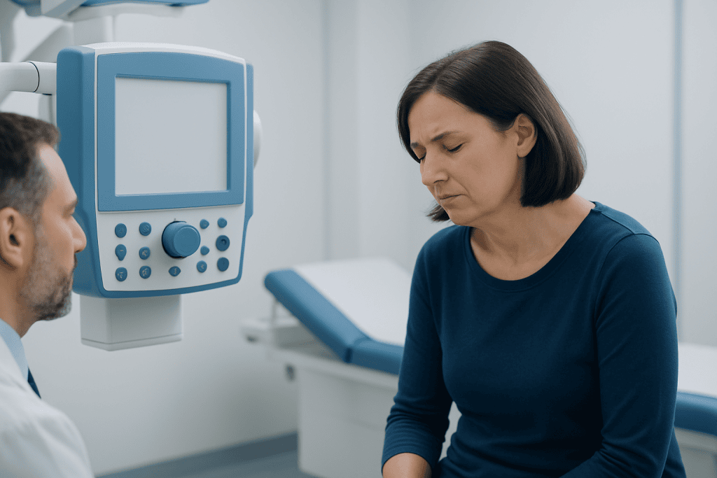 Doctor consulting a woman about cervical spine health in a medical clinic.