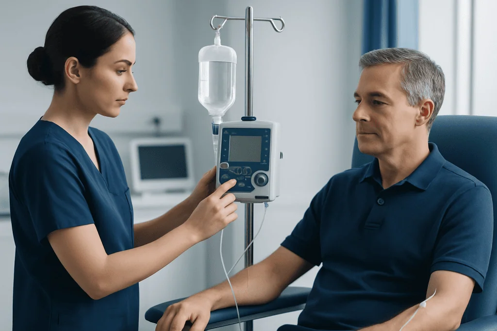 Medical professional administering chelation therapy to a patient in a clinical setting.