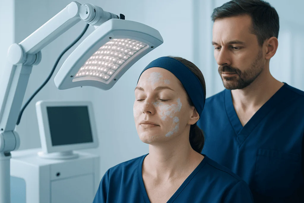 Dermatologist performing facial treatment with LED light therapy at Acibadem Hospital.